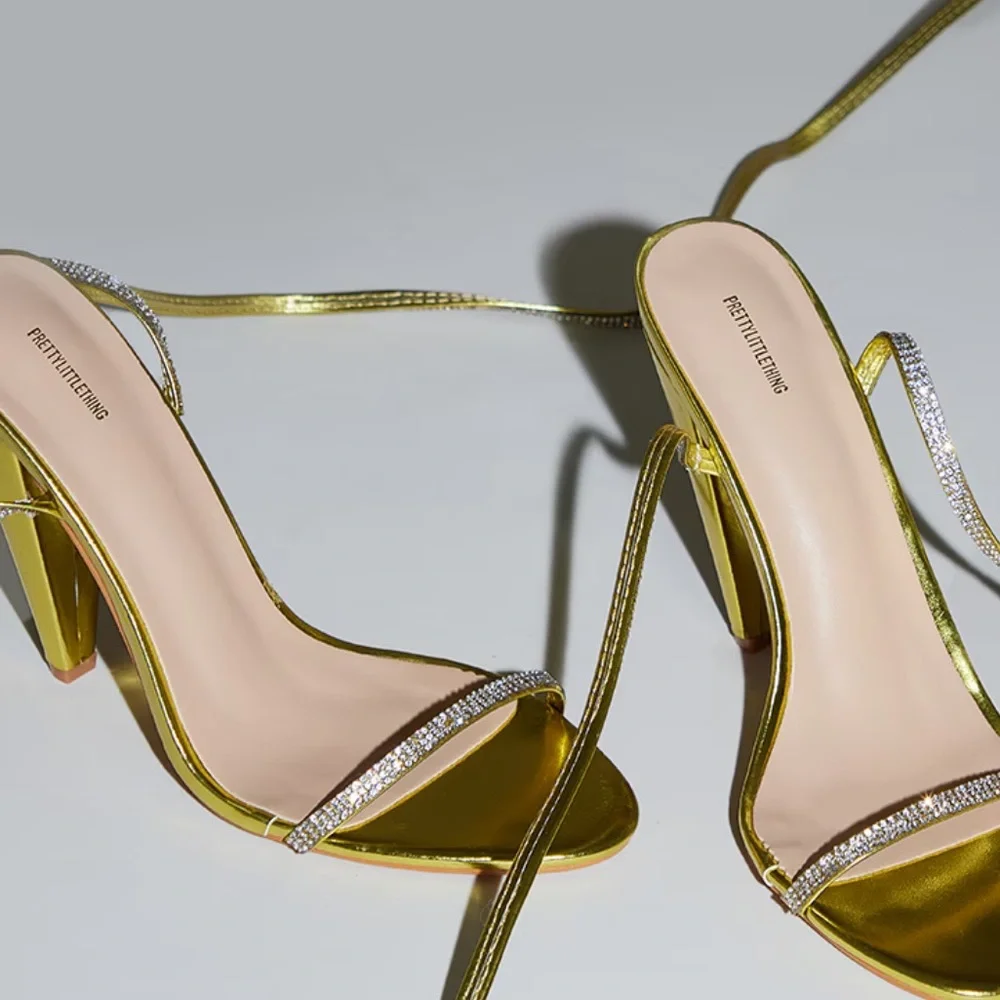 PrettyLittleThings GOLD DIAMANTE LACE UP CONE‎ HEELS size 5